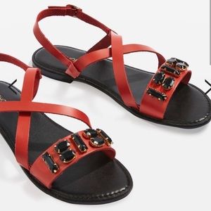 Topshop Black Jeweled Red Orange leather Sandal